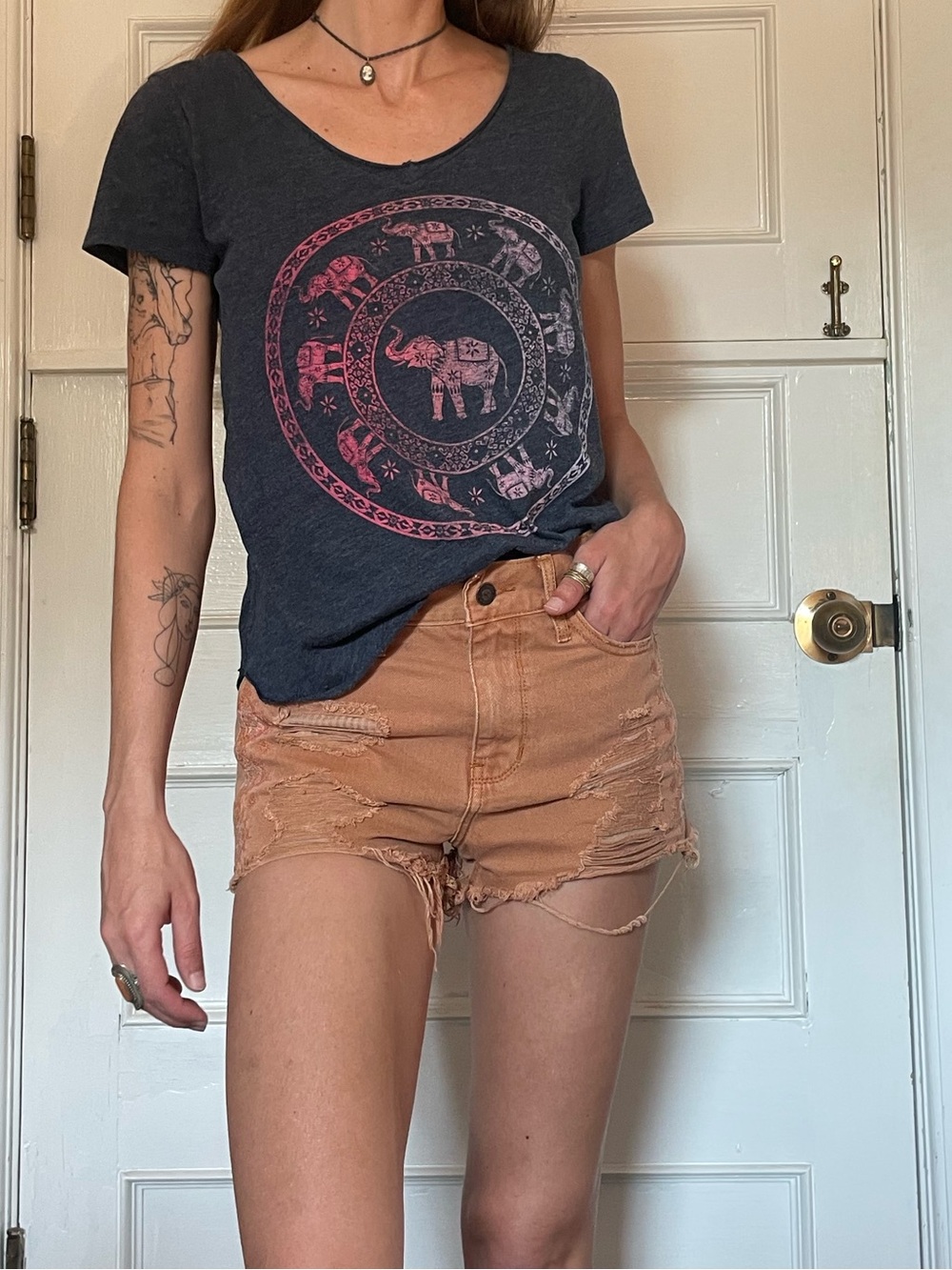 High-Waist Distressed Peach Denim Shorts - Hollister